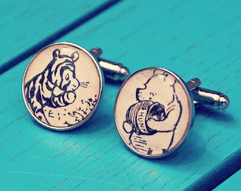 Winnie the Pooh cufflinks - Vintage book cufflinks - Pooh, Piglet, Tigger, Eeyore - Recyled book - Gift for him. Gift for dad. Novelty gift