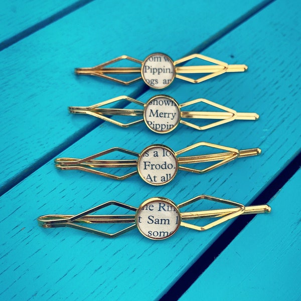Recycled Lord of the Rings hairpins. Vintage hair clips. Unique Bridesmaid hair piece. Hobbits Frodo Sam Merry Pippin. Gandalf Gimli Gollum