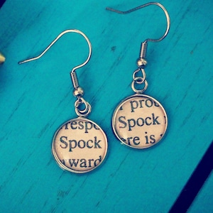 Recycled Star Trek book earrings. Spock. Captain Kirk Enterprise. Scotty. Trekkie gift. Live long and prosper. Uhuru. Sulu. McCoy. Comic-con
