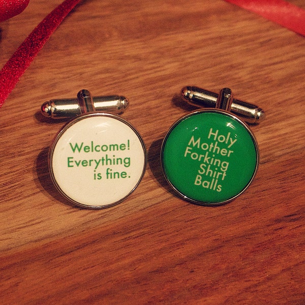 Novelty cufflinks inspired by The Good Place. Holy Mother Forking Shirt Balls. Welcome Everything is fine. TV fan. Comedy gift. Secret Santa