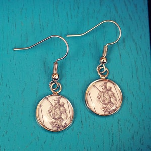 Vintage Robin Hood Illustration Earrings. Children&#39;s book drawing. Sherwood Forest. Merry Men. Prince of Thieves. Wedding jewellery.