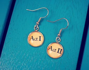 Theatre earrings. Act I & Act II. Shakespeare jewellery. Vintage paper design. Thespian. Actor. Actress. Musical theatre. Drama student.