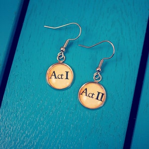 Theatre earrings. Act I & Act II. Shakespeare jewellery. Vintage paper design. Thespian. Actor. Actress. Musical theatre. Drama student.