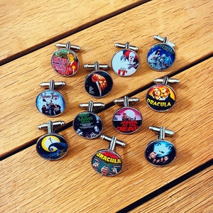 Halloween Movie Poster Cufflinks. Tie Clips. Pocket Watch. Scary Film. Horror Movies. Dracula. Frankenstein. Halloween Costume. Beetlejuice