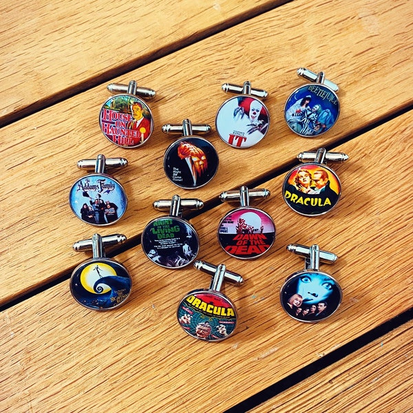 Halloween Movie Poster Cufflinks. Tie Clips. Pocket Watch. Scary Film. Horror Movies. Dracula. Frankenstein. Halloween Costume. Beetlejuice