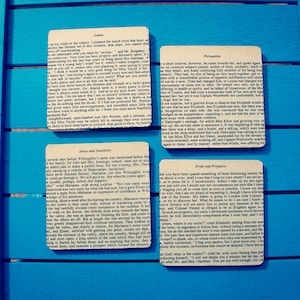 Recycled Jane Austen coasters. Pride & Prejudice, Sense and Sensibility, Persuasion. Book lover. Mr Darcy. Home office. Literature. Vintage.