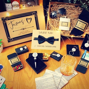 Personalised Groomsmen Gift Box. Best Man Usher Hamper. Wedding day essentials. Hip Flask Cufflinks Sunglasses Bow Tie Pocket Watch Tie Pin