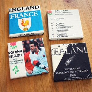 Upcycled Rugby Programme Coasters. Vintage Rugby Gift Unique Memento Iconic sports events match. World Cup Final Six Nations Rugby Lover