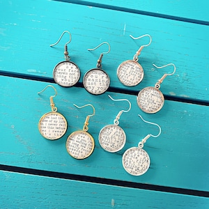 Song Lyrics Earrings - Unique and personal gift - Valentines Day gift for her - Wedding jewellery, bride, bridesmaid. First Dance. Love Song