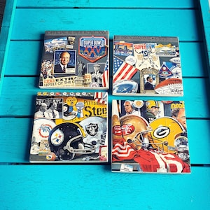 Vintage American Football Super Bowl Programme Coasters. Upcycled NFL Gift Football Gift for Dad SuperBowl XXV Buffalo Bills New York Giants