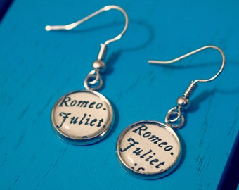 Shakespeare earrings. Recycled Romeo and Juliet page jewellery. Vintage book. Wedding. Theatre gift. Romantic. Actor. Personalised present