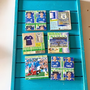Vintage Sticker Book Everton Football Coasters. Upcycled Football Gift. Man Cave Home Decor. Retro Football Gift for Dad.