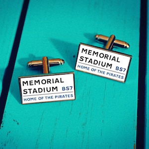 Bristol Rovers Football Stadium Cufflinks. Memorial Stadium. Gift for Pirates Fan. Road Sign Tie Bar. Fathers Day Gift. Christmas