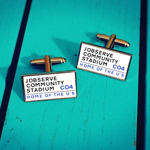 Colchester United Football Stadium Cufflinks. Jobserve Community Stadium. Gift for U&#39;s Fan. Road Sign Tie Bar. Fathers Day Gift.
