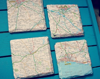 Personalised map coasters. Favourite place. First home. Where we met. Special place memory. Recycled map coasters. Set of 4 or 6. London.