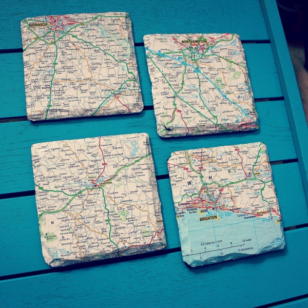 Personalised map coasters. Favourite place. First home. Where we met. Special place memory. Recycled map coasters. Set of 4 or 6. London.