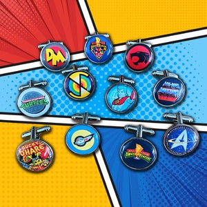 Retro TV Show Cufflinks. Vintage Cartoon. 80s 90s Superhero logo. Groomsmen Cufflinks. Novelty Wedding Gift. Film Movie Lover. Pocket Watch.