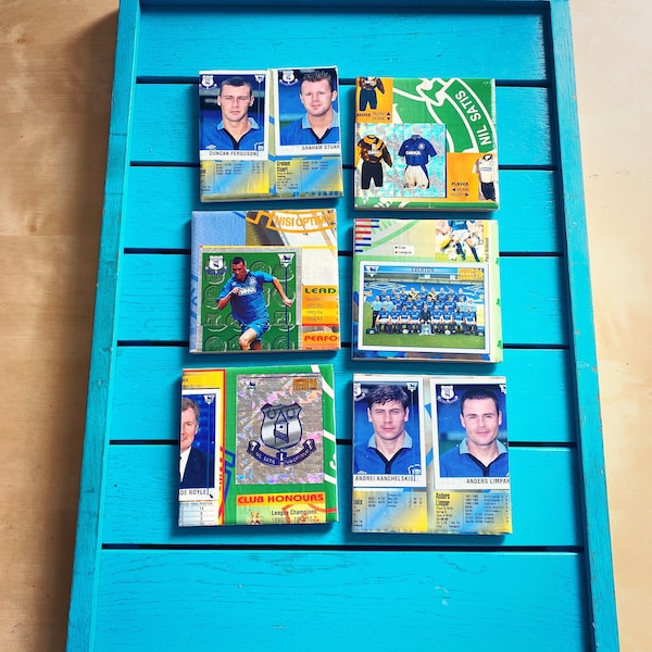 Vintage Sticker Book Everton Football Coasters. Upcycled Football Gift. Man Cave Home Decor. Retro Football Gift for Dad. 90s