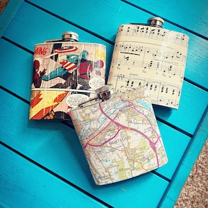 Personalised Hip Flask. Custom Made Upcycled Gift for Him. Vintage Map Hip Flask. Comic Book Hip Flask. Music Decoupage. Groomsman Gift. image 1