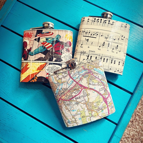 Personalised Hip Flask. Custom Made Upcycled Gift for Him. Vintage Map Hip Flask. Comic Book Hip Flask. Music Decoupage. Groomsman Gift.