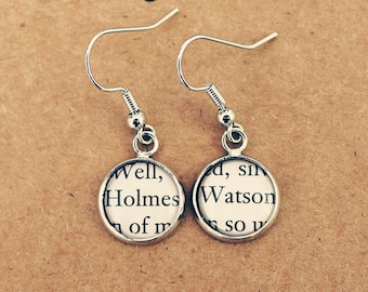 Sherlock Holmes Earrings. Recycled book page jewellery. Charity shop vintage book. Holmes and Watson. Book lover Literature Gift.