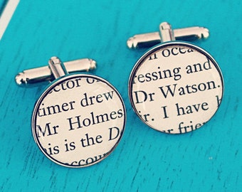 Sherlock Holmes cufflinks. Recycled book page. Charity shop vintage book. Holmes Watson. Book lover Literature Gift. Groom Wedding cufflinks