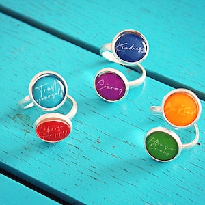 Calligraphy quote ring. Inspirational words jewellery. Personalised handwriting style Kindness Courage Love. Mothers Day Gift. Gift for Mum.