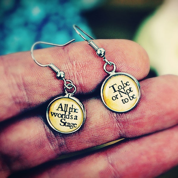 Shakespeare quotes earrings. Personalised. All the worlds a stage. To Be or Not To Be. She is Fierce. Romeo & Juliet. Theatre lover. Gift.