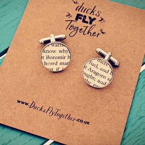 Lord of the Rings Cufflinks. Recycled book page. Frodo Samwise Merry Pippin Gandalf Boromir Aragorn Gimli Legolas. Groomsmen wedding. Dad. image 7