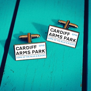 Cardiff Rugby Stadium Cufflinks. Cardiff Arms Park. Gift for Blue and Blacks fan. Road Sign Tie Bar. Fathers Day Gift. Christmas