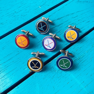 Ice Hockey Team Colours Cufflinks. Custom Hockey Stick and Puck. Retro Ice Hockey. Team Colours. Pocket Watch Tie Bar. Personalised.