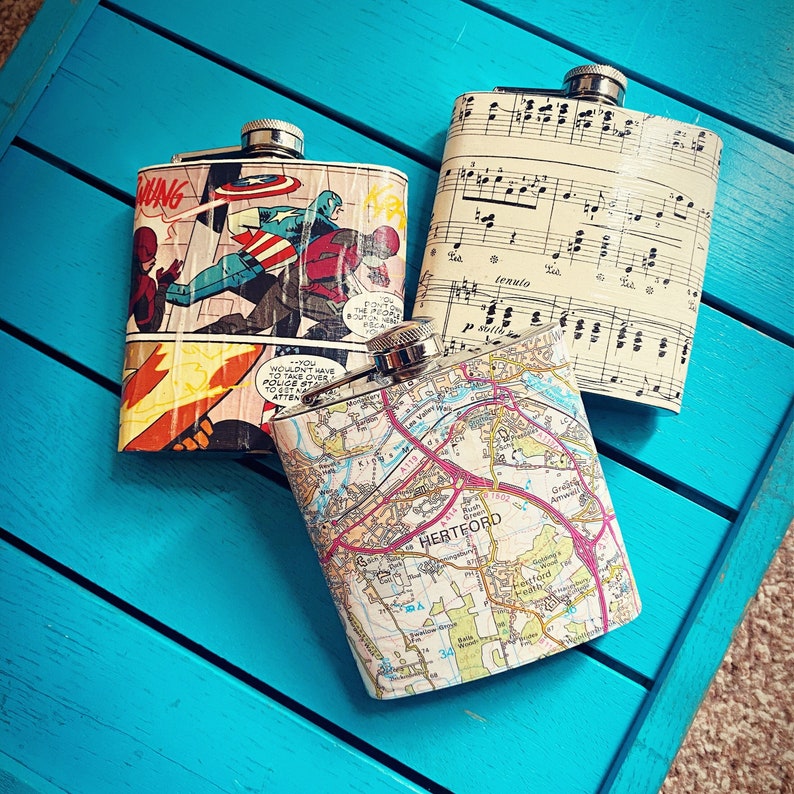 Personalised Hip Flask. Custom Made Upcycled Gift for Him. Vintage Map Hip Flask. Comic Book Hip Flask. Music Decoupage. Groomsman Gift. image 1