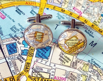 Recycled Map Cufflinks! Bespoke cufflinks using old road maps - Football stadium cufflinks - Home town Cufflinks, Pocket Watch, Tie Clip