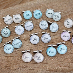 Groomsmen Personalised Cufflinks. Pastels Floral Colourful. Match colour with Groom suit. Best Man Father of the Bride. Calligraphy Names.