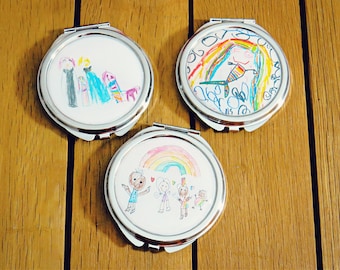 Kids Artwork Compact Mirror. Your Childs Drawing / Painting Pocket Mirror. Personalised Gift for Mum. Children Art. Mothers Day Gift.