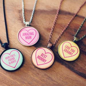 Love Hearts Necklace. Love You Mum! Amazing Mum! Gift for Granny. Grandmother. Retro sweets. Sweeties. Personalised message. Novelty candy