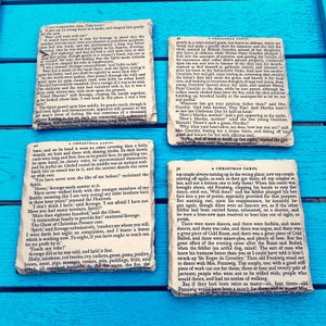 Vintage A Christmas Carol Coaster set. Ebenezer Scrooge. Charles Dickens gift. Set of 4 unique place mats. Recycled book page decor. Office