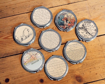 Recycled Book Page Compact Mirrors. Comic Book Illustrations. Bridesmaid Gift. Personalised Pocket Mirror. Mothers Day Gift. Gift for Mum.