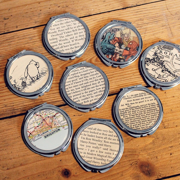 Recycled Book Page Compact Mirrors. Comic Book Illustrations. Bridesmaid Gift. Personalised Pocket Mirror. Mothers Day Gift. Gift for Mum.