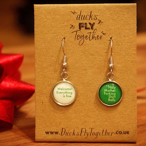 Novelty earrings inspired by The Good Place. Holy Mother Forking Shirt Balls. Welcome Everything is Fine. Mothers Day Gift. Gift for Mum.
