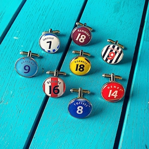 Football shirt cufflinks. Personalised name and number. Favourite player/ Your name. Premier League. Arsenal. Liverpool. Man Utd. Spurs.