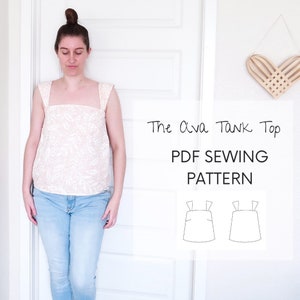May include: A woman wearing a white tank top with a floral pattern and blue jeans. The text "The Ava Tank Top PDF Sewing Pattern" is displayed below the woman. Two line drawings of the tank top are shown below the text.