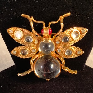 RARE Hobé Beetle / Bug &quot;Jelly Belly&quot; Vermeil Gold Wash Sterling Silver Brooch w/ Huge Lovely Glass Stone - VERY Collectible 2631