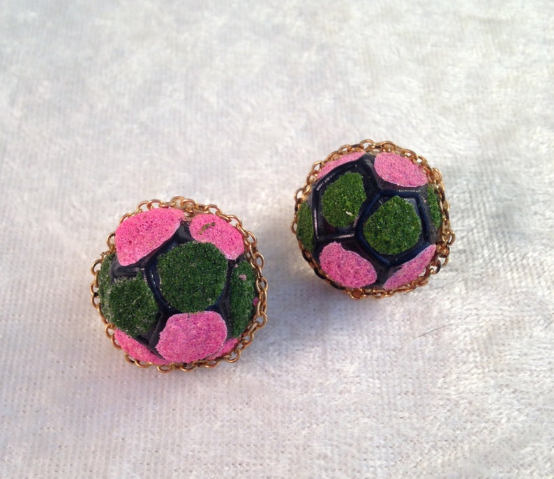 546 Necklace Earrings Old Hob\u00e9 Demi Parure of Faceted Jet Black Glass and Pink Green Painted Beads