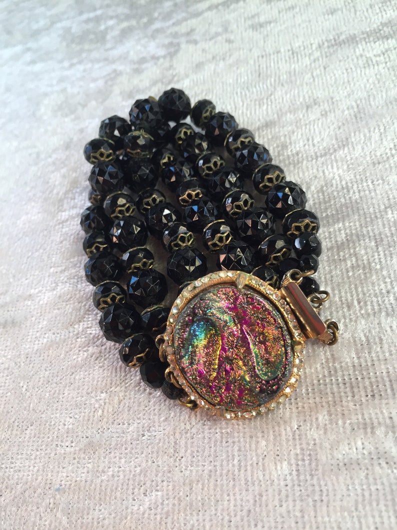 3-Piece Set Earrings 3-Strand Necklace Bracelet Vintage Hob\u00e9 Black Dimpled Bead and Metallic Parure Rhinestone Surrounds 1950s 1887