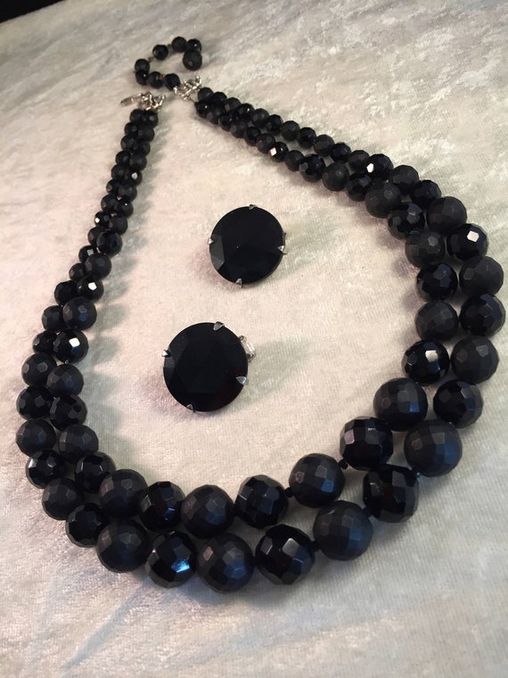 Lovely Classic Hobé Set of Jet Black Glass Faceted