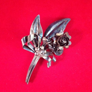 Pretty, Classic Hobé Floral Bouquet Brooch - 1940s Sterling Silver - Leaves, Swirl & Flowers Wrapped in Ribbons 517