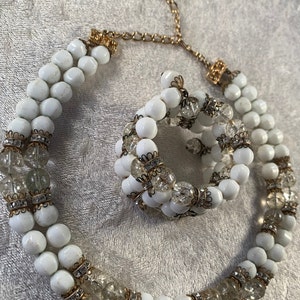 Vintage Hobé  Demi Parure of Gold, Milk Glass, Cracked Clear Stones & Crystal Rhinestones - Necklace and Wrap Bracelet - 1685