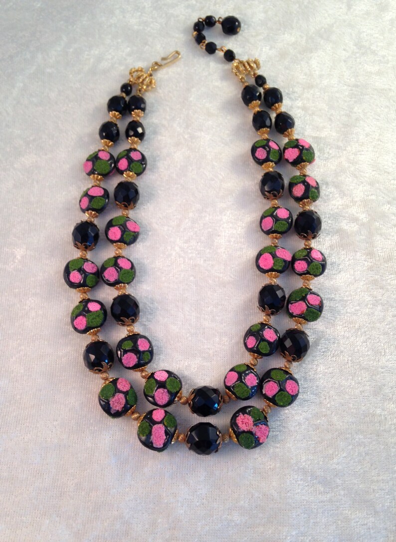 546 Necklace Earrings Old Hob\u00e9 Demi Parure of Faceted Jet Black Glass and Pink Green Painted Beads