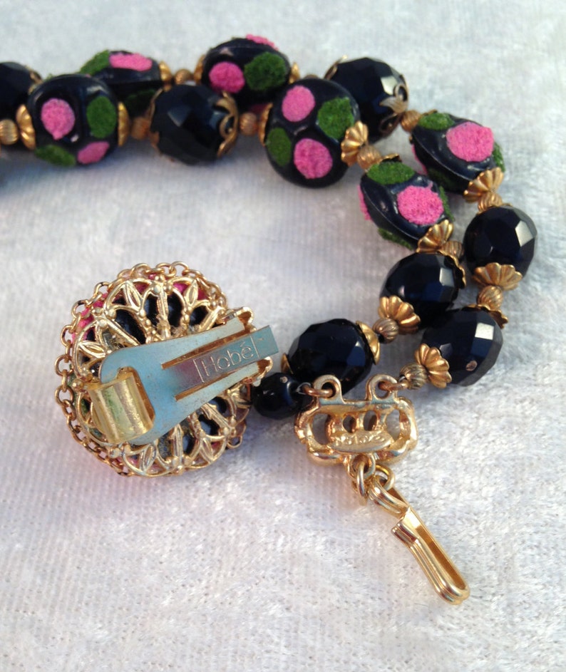 546 Necklace Earrings Old Hob\u00e9 Demi Parure of Faceted Jet Black Glass and Pink Green Painted Beads